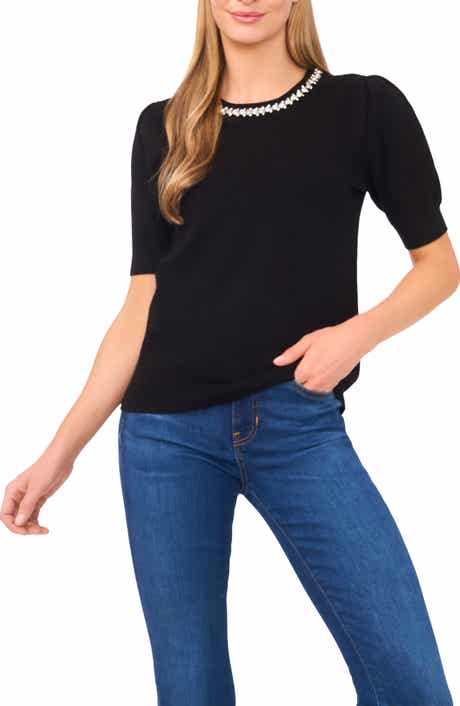 CeCe Embellished Collar Short Sleeve Sweater