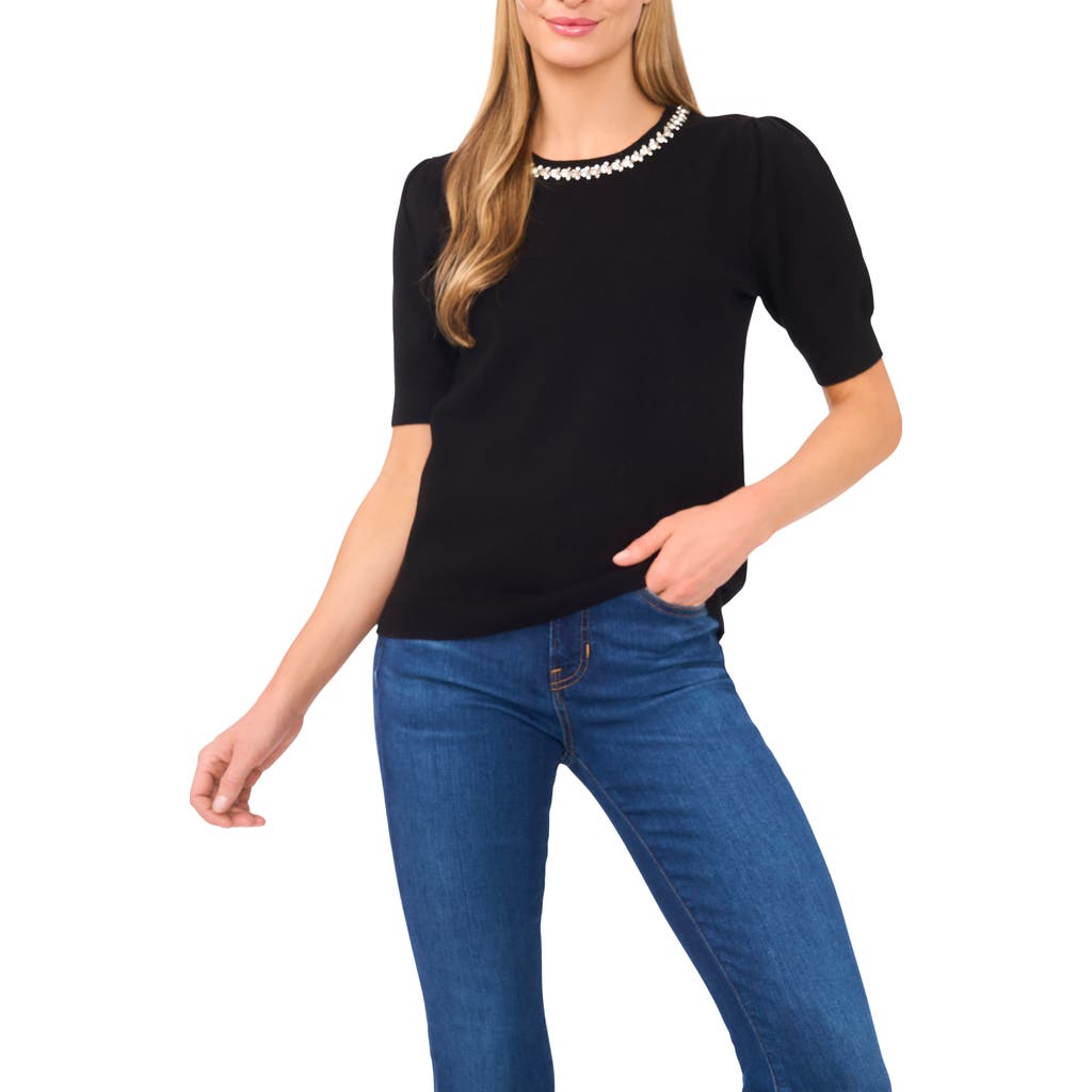 Cece Embellished Collar Short Sleeve Cotton Sweater In Black