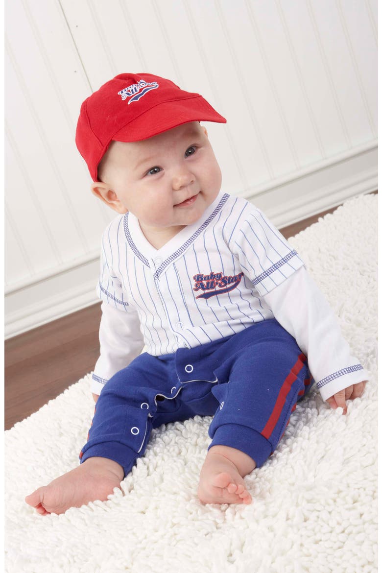 Big Dreamzzz Baseball 3-Piece Cotton Romper, Socks & Hat Gift Set, Alternate, color, BLUE