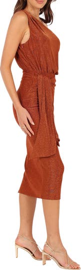 Santiago Metallic Side Tie One-Shoulder Midi Dress