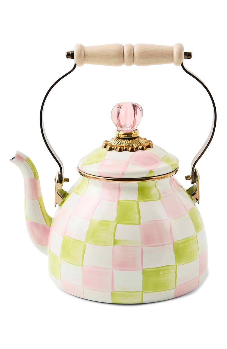 MACKENZIE CHILDS Palm Beach Check Enameled Steel 2-Quart Tea Kettle, Main, color, Green