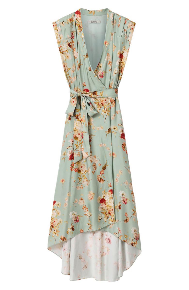 AllSaints Mira Floral Silk Blend Faux Wrap Midi Dress, Alternate, color, Armada Powder Blue