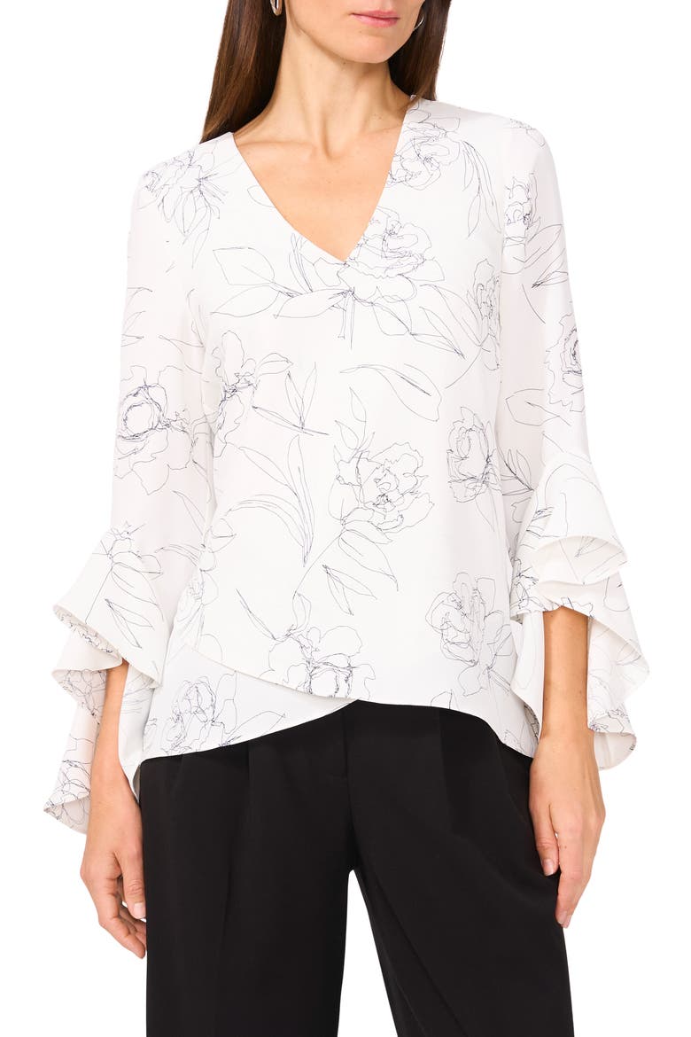 Ruffle Sleeve Print High-Low Top, Main, color, NEW IVORY