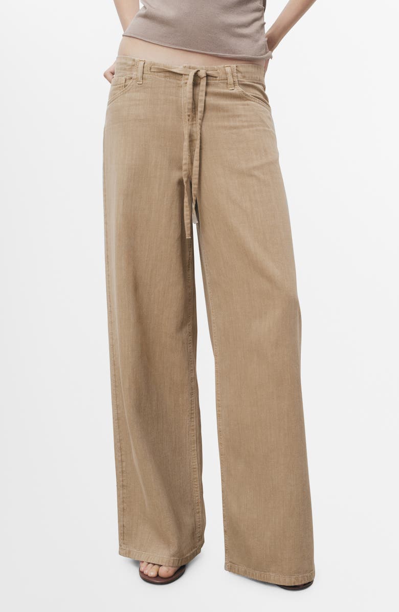 MANGO Drawstring Cotton & Linen Wide Leg Pants, Main, color, Sand