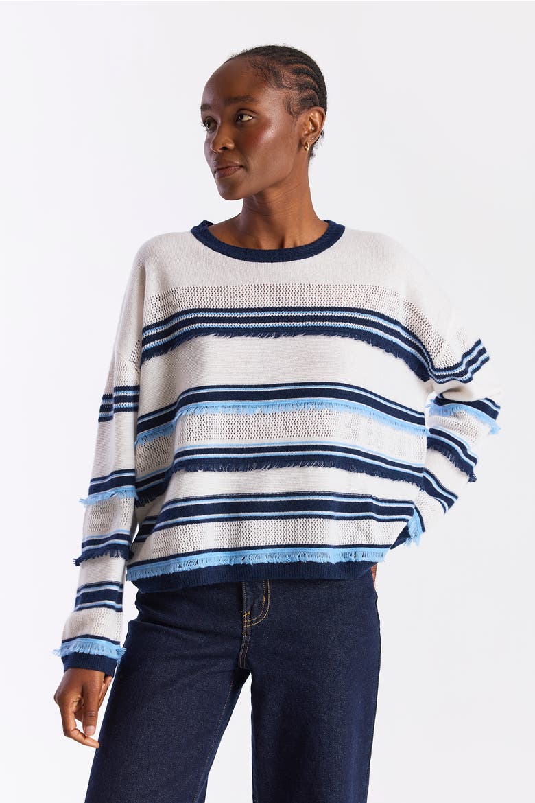 Funky Stripe 100% Cashmere Sweater, Main, color, Organic White/Splash, Navy