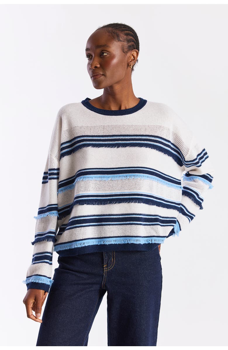 Brodie Pure Cashmere Funky Stripe 100% Cashmere Sweater, Main, color, Organic White/Splash, Navy