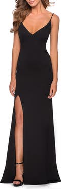 La Femme Long Jersey Dress with Cut Out Open Back