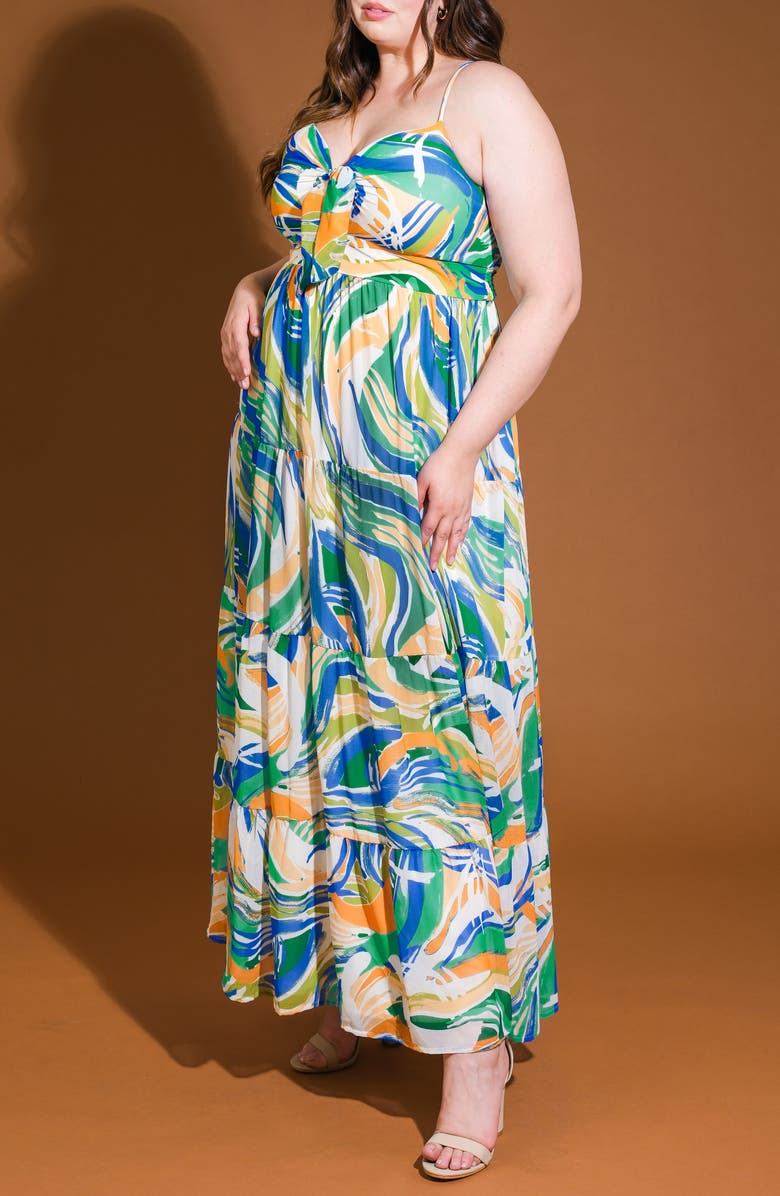 FLYING TOMATO Printed Tiered Maxi Sundress, Alternate, color, Green Blue