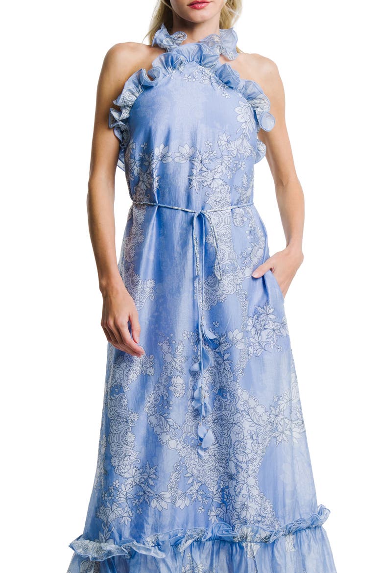 Bronya Placed Floral Halter Neck Maxi Dress, Alternate, color, BLUE MULTI