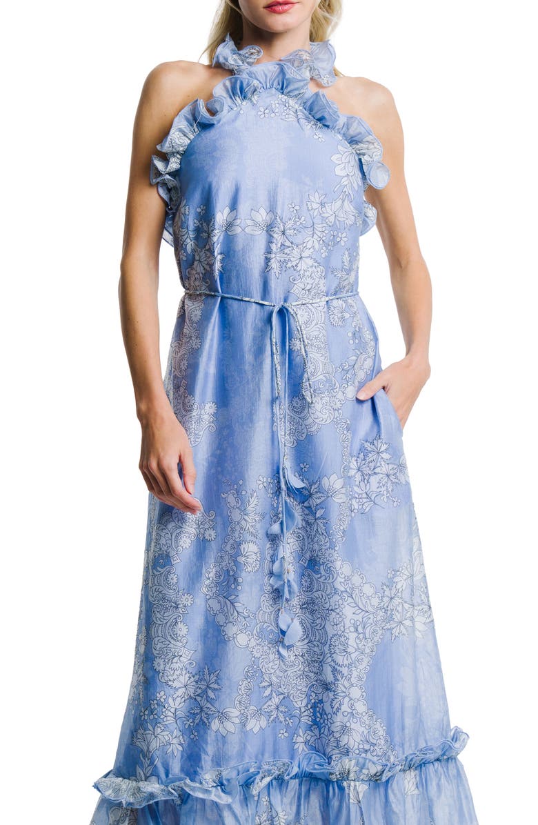 CIEBON Bronya Placed Floral Halter Neck Maxi Dress, Alternate, color, Blue Multi