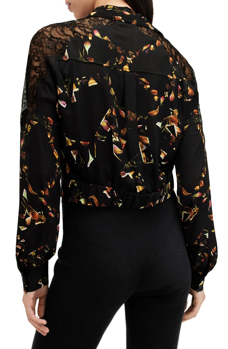 Len Floral Print Lace Trim Tie Hem Shirt