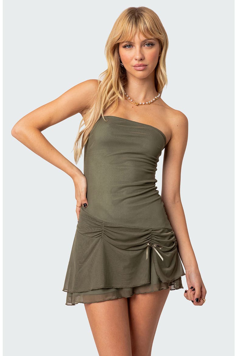 Evelin Ruched Strapless Mesh Minidress, Alternate, color, OLIVE