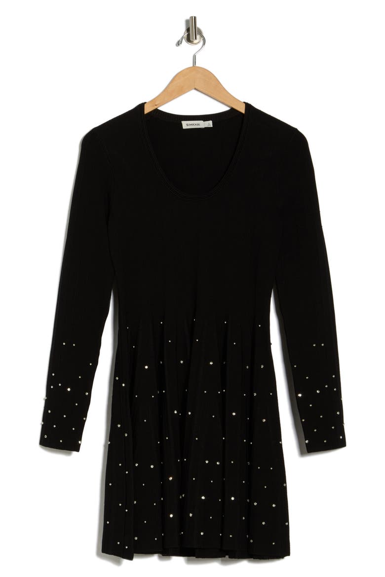 Prue Embellished Long Sleeve Fit & Flare Dress, Alternate, color, BLACK