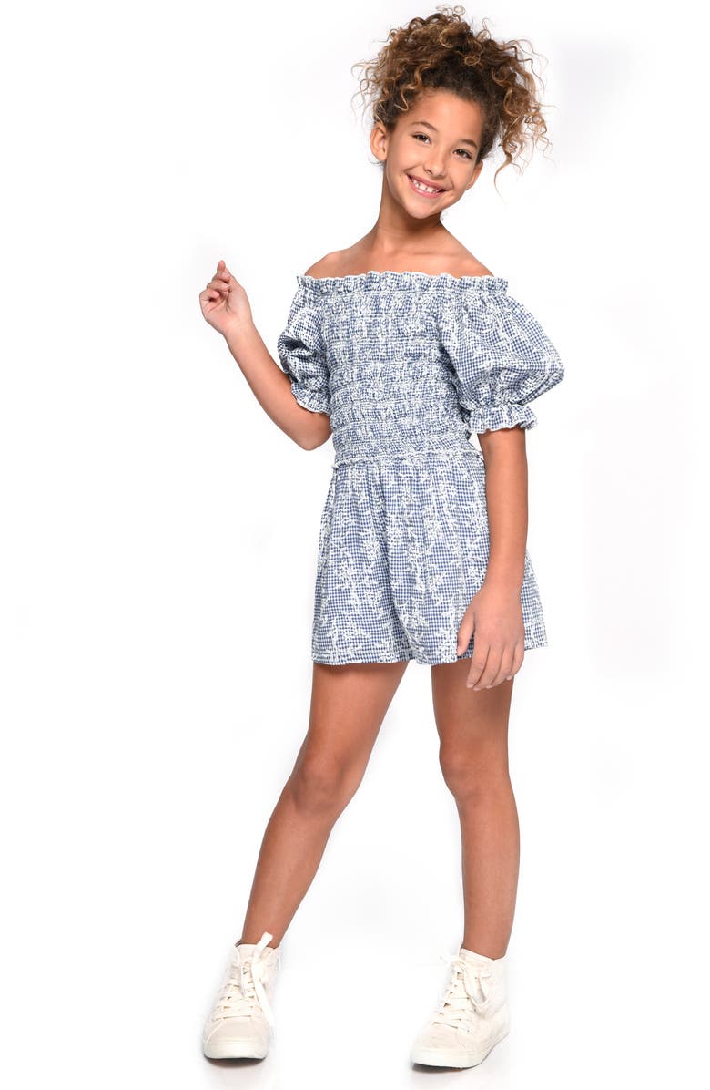 Hannah Banana Puff Sleeve Smocked Romper, Alternate, color, Blue Multi