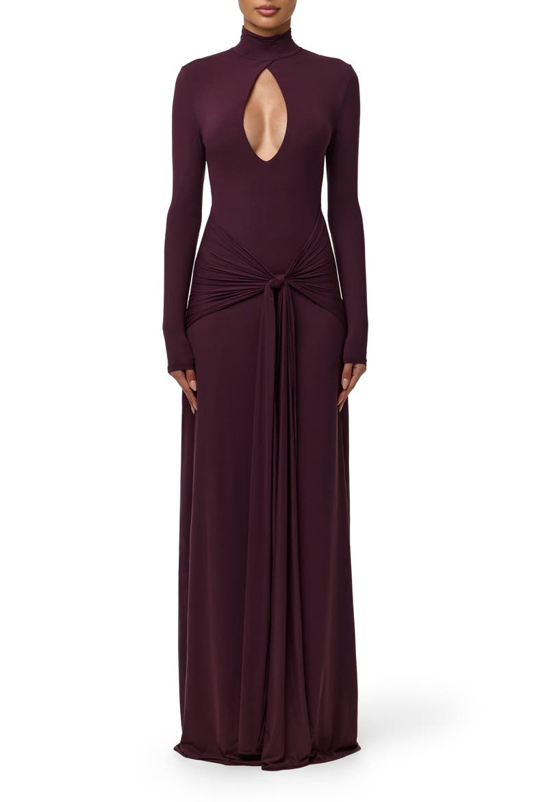 Cutout Tie Front Long Sleeve Maxi Dress, Main, color, DARK PLUM