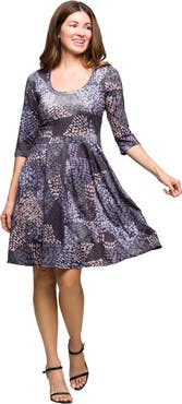 24seven Comfort Apparel Three Quarter Sleeve Fit and Flare Dress in Print