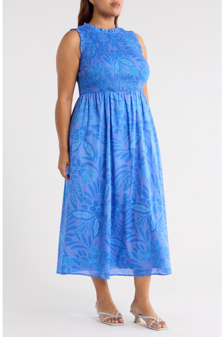 Floral Smocked Midi Dress, Alternate, color, BLUE