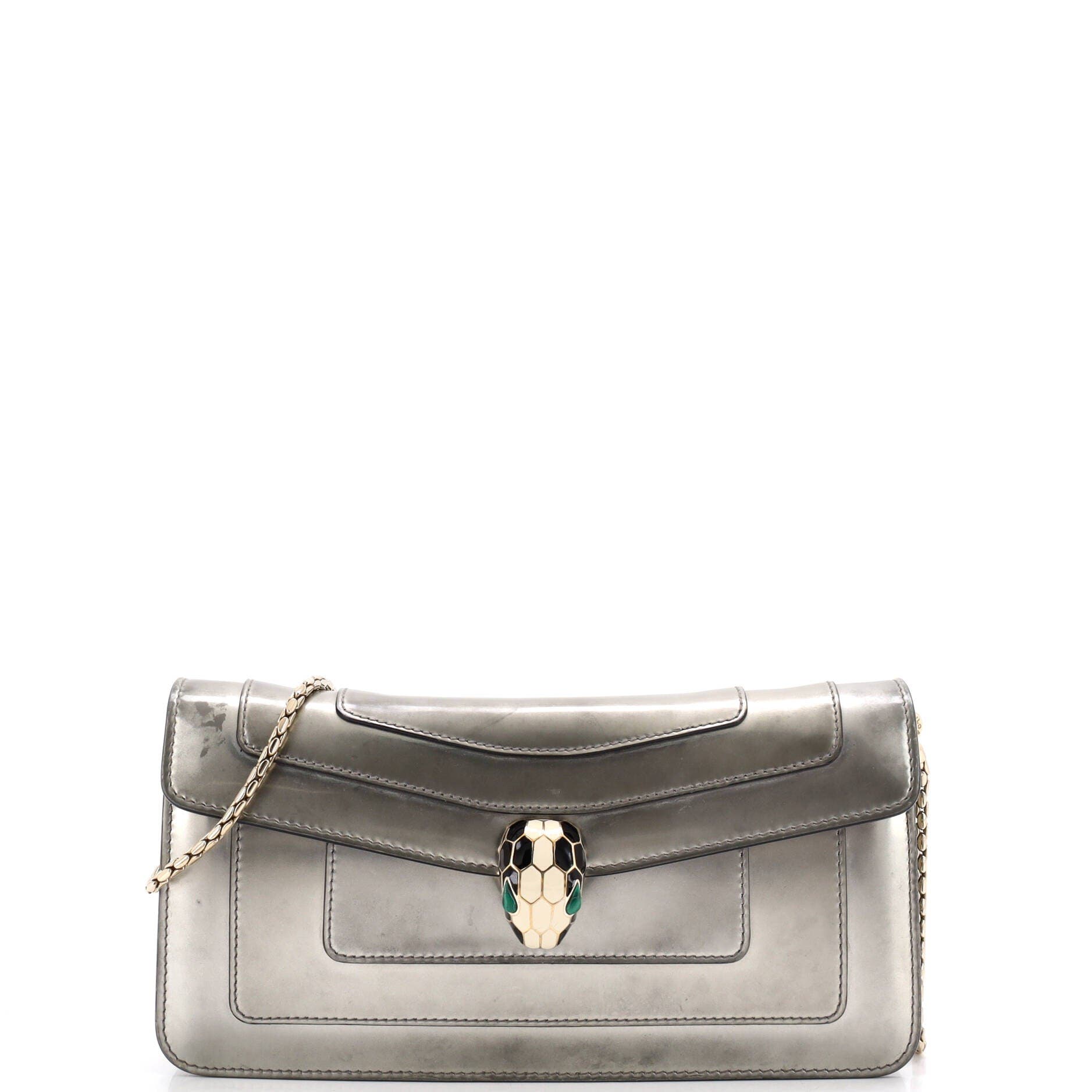 Serpenti Forever Chain Clutch Metallic Leather, Main, color, Metallic Silver