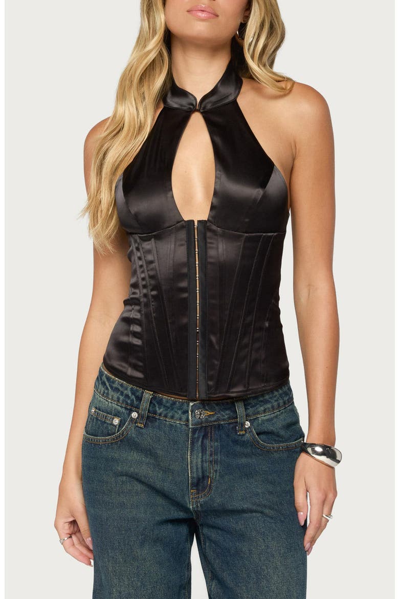 Yaeva Cutout Lace-Up Halter Corset Top, Main, color, BLACK