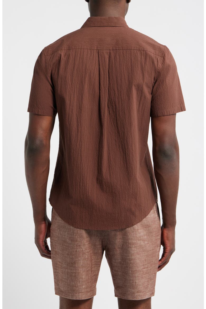 Solid Short Sleeve Cotton Blend Seersucker Button-Up Shirt, Alternate, color, BROWN ROCK