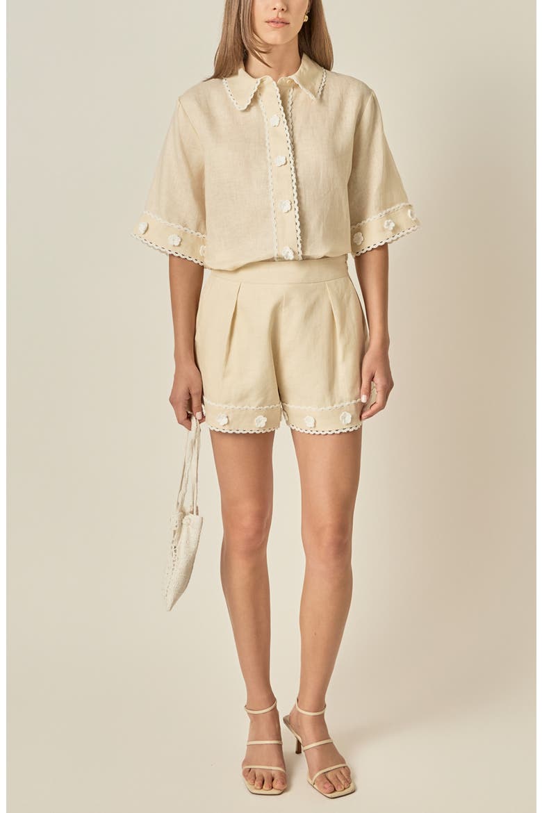 Floral Detailed Short Sleeve Linen Shirt, Alternate, color, LIGHT BEIGE