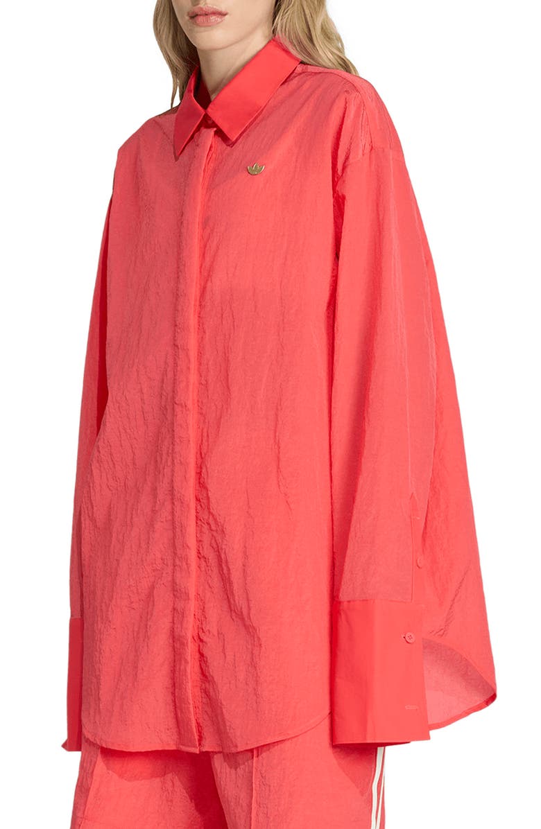 adidas Originals Oversize Long Sleeve Nylon Button-Up Mini Shirtdress, Main, color, Semi Lucid Red/ /