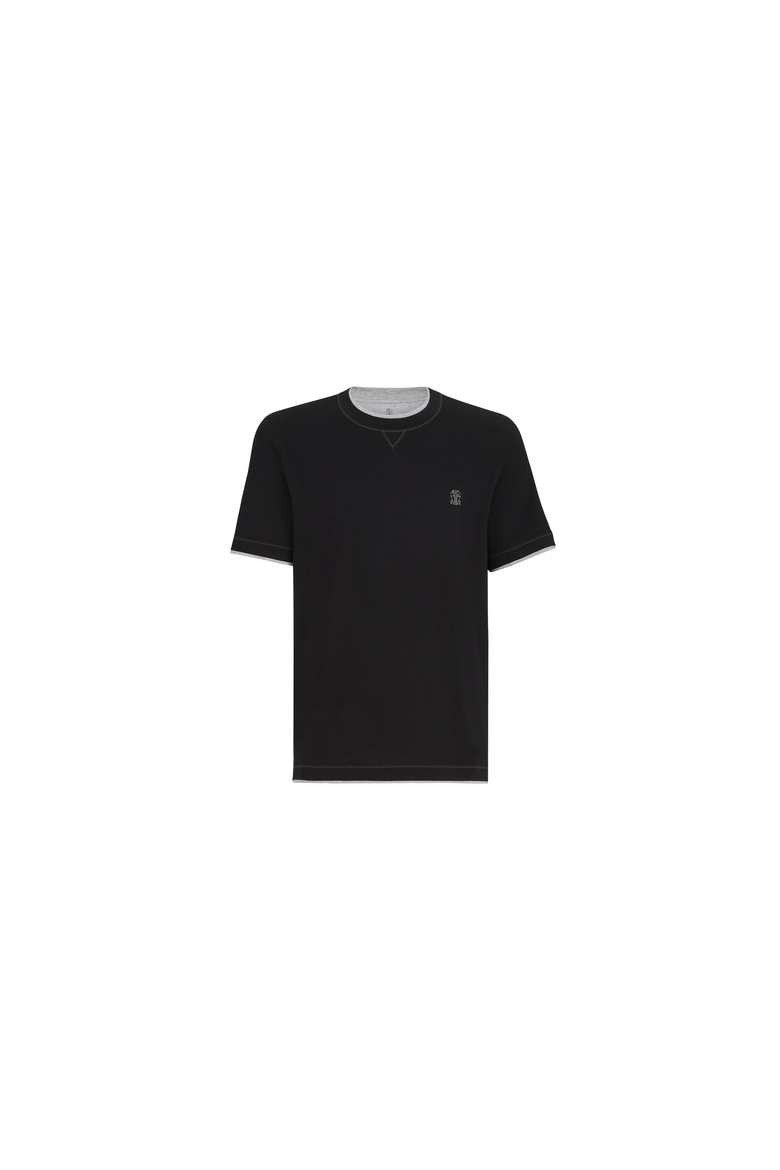 Cotton jersey crew neck T-shirt with logo and faux-layering, Alternate, color, Black