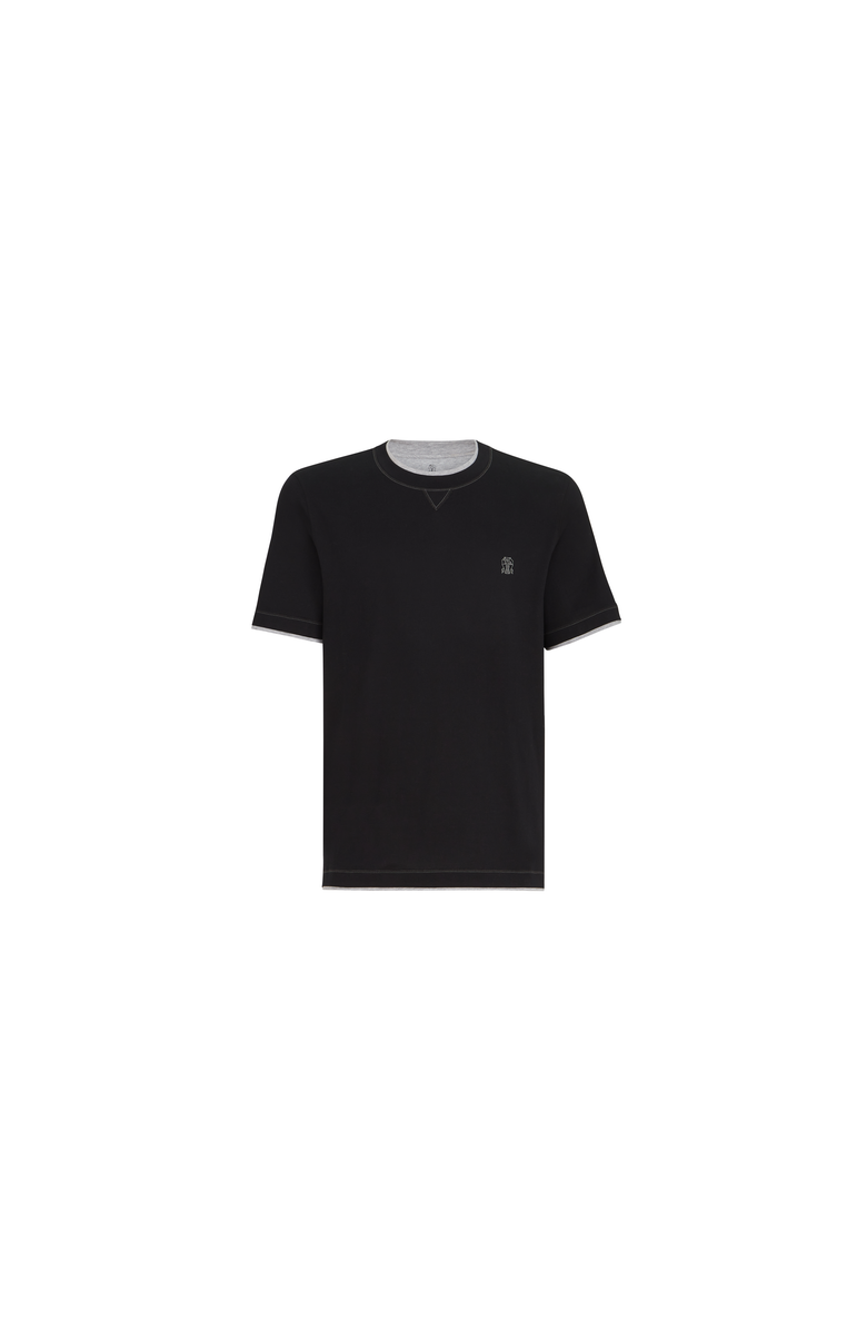 Brunello Cucinelli Cotton jersey crew neck T-shirt with logo and faux-layering, Alternate, color, Black