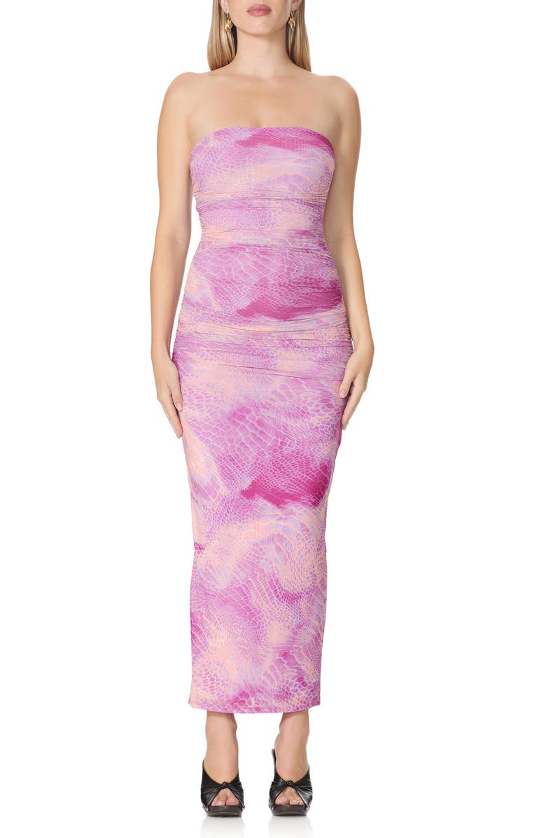 AFRM Marlo Strapless Mesh Maxi Dress, Main, color, Lavendar Snake
