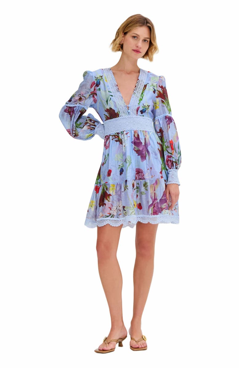 PatBO Lily Flower Long Sleeve Plunge Mini Dress, Main, color, 