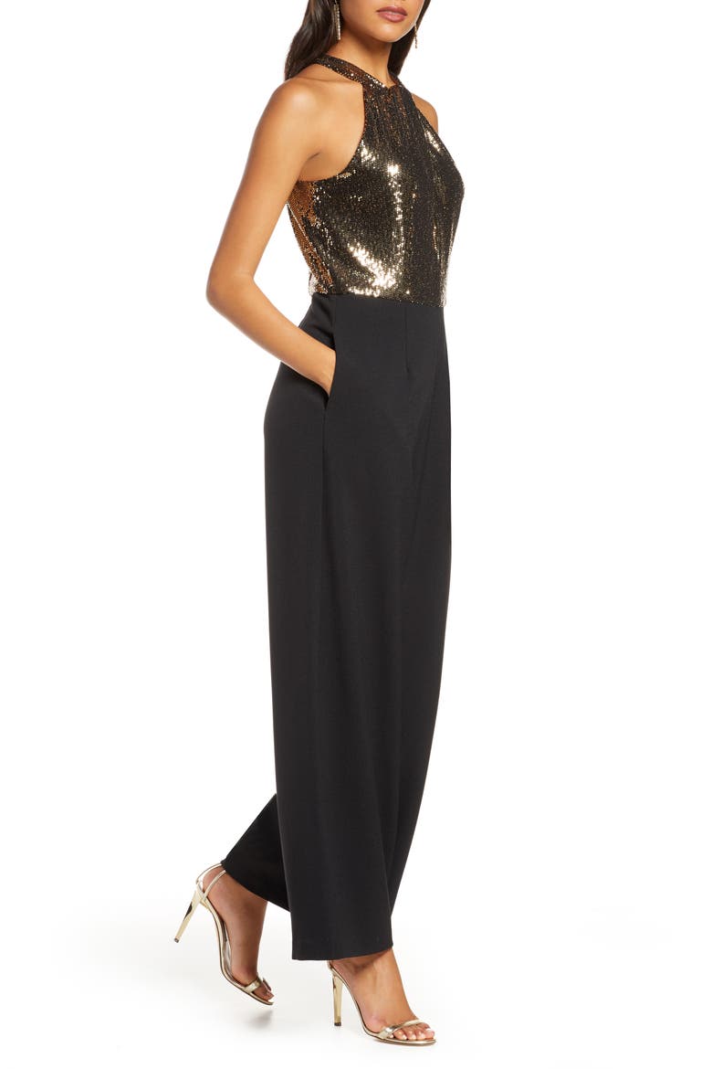 Metallic Mesh Wide Leg Halter Jumpsuit, Alternate, color, BLACK/ GOLD