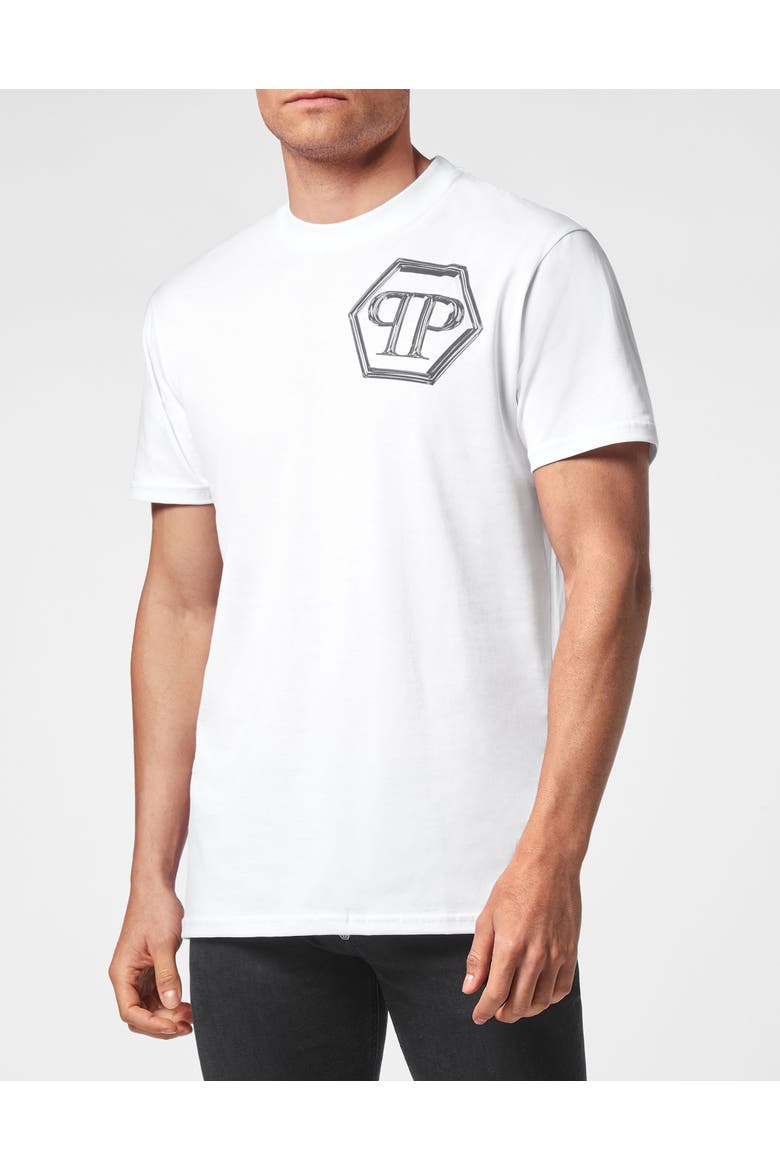 T-Shirt Round Neck Hexagon Men, Main, color, white/black