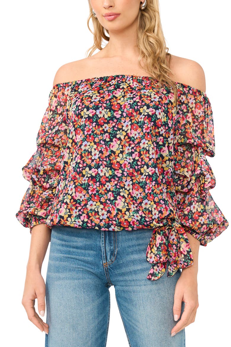 Floral Print Metallic Off the Shoulder Top, Main, color, CLASSIC NAVY