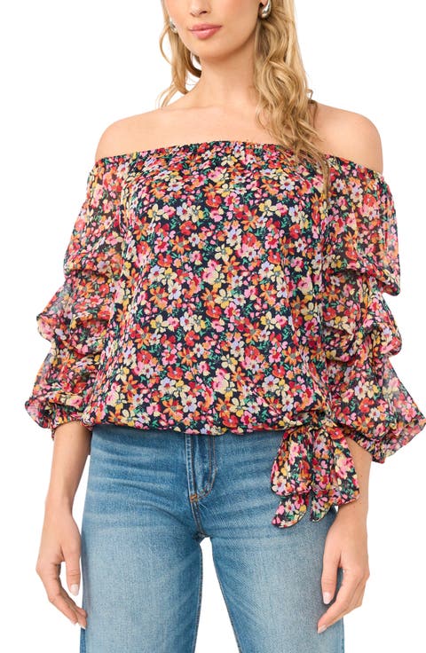 Floral Print Metallic Off the Shoulder Top