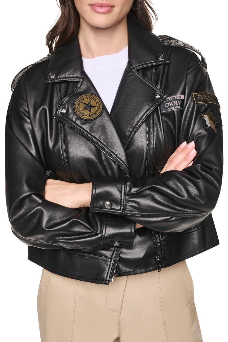 Pins & Patches Faux Leather Jacket, Alternate, color, BLACK