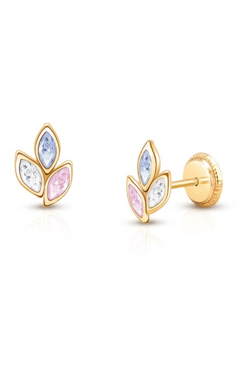 14k Gold Sparkling Petals Stud Screw Back Earrings