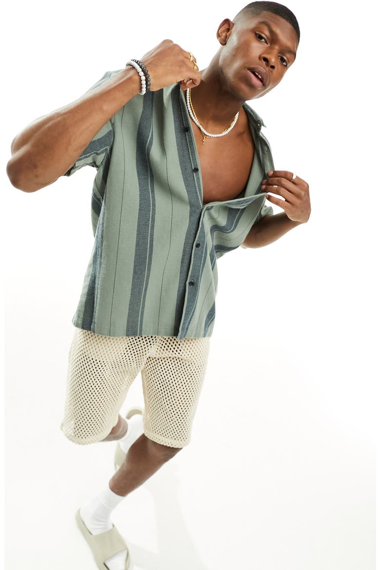Texture Stripe Relaxed Short Sleeve Button-Up Shirt, Main, color, KHAKI