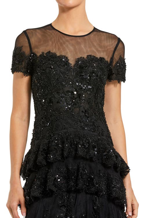 Mac Duggal Short Sleeve Tiered Mesh Gown With Embellishments In Black