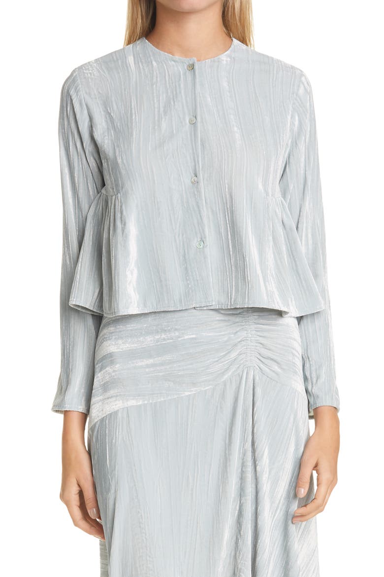 Ruched Long Sleeve Textured Velvet Blouse, Main, color, PALE SEA GLASS