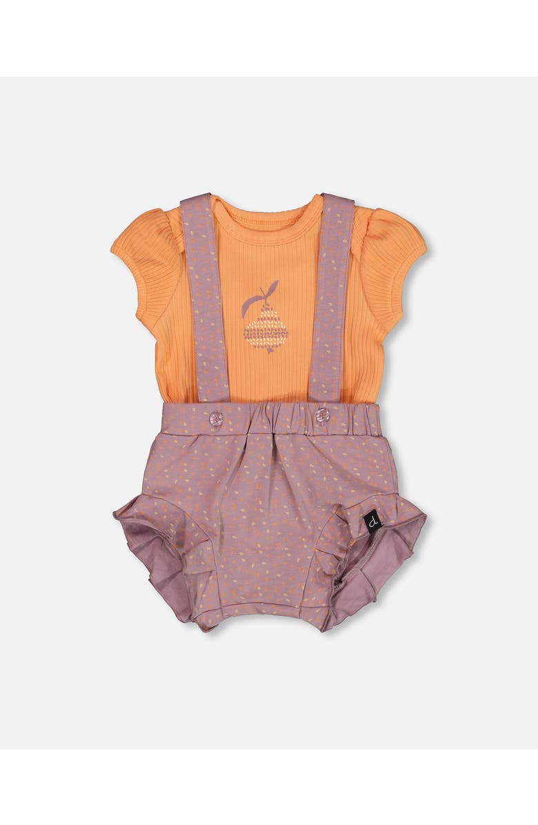 Deux par Deux Baby Girl's Printed Organic Cotton Bodysuit And Shortall Set Orange And Purple, Main, color, Orange And Purple