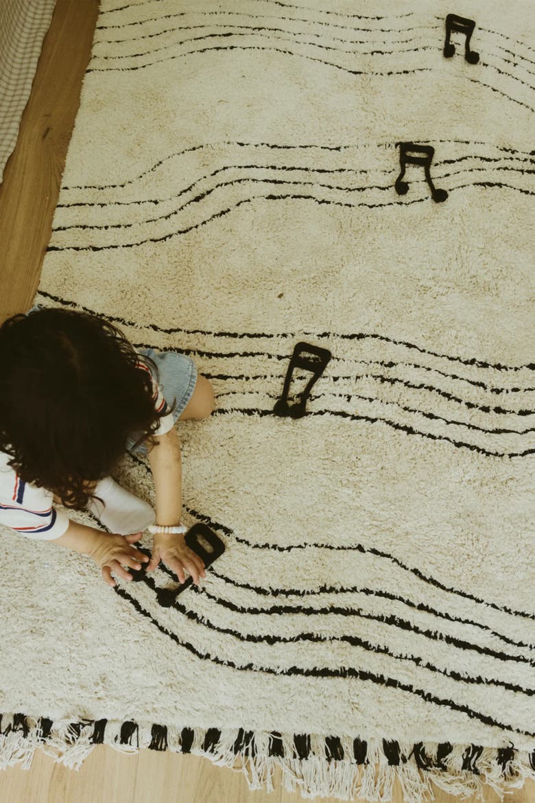 Washable Play Rug Musical Notes Natural Black, Alternate, color, Natural, Black