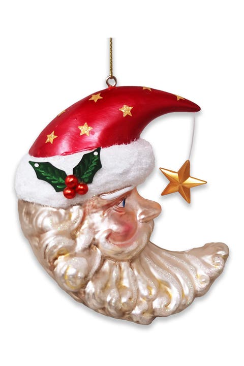 Celestial Crescent Moon Santa Glass Ornament