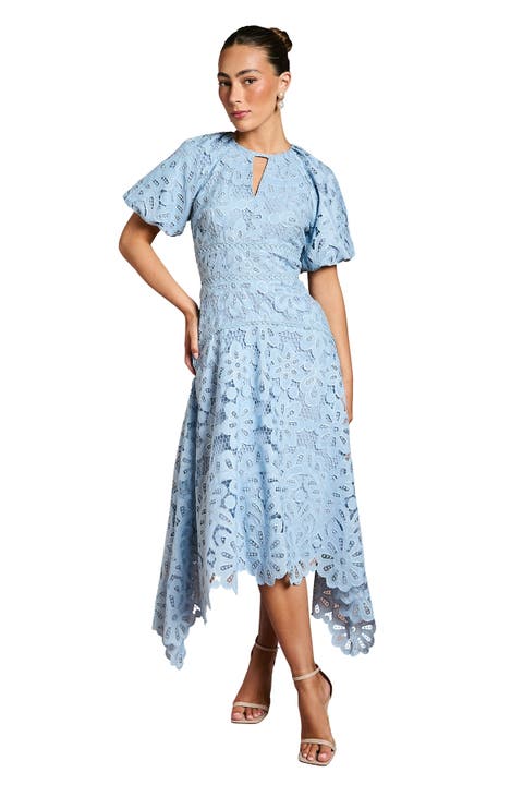 Lace Hanky Hem Puff Sleeve Dress