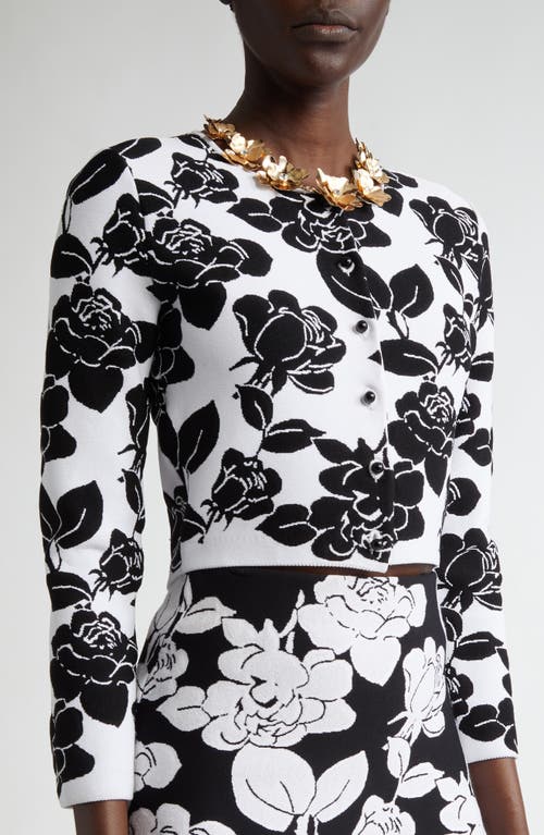 Shop Carolina Herrera Floral Jacquard Crop Cardigan In White/black