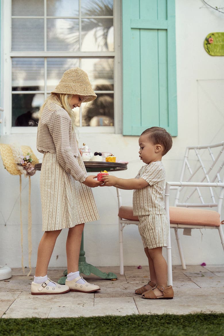 Boys Striped Woven Shirt and Shorts Set, Alternate, color, Beige