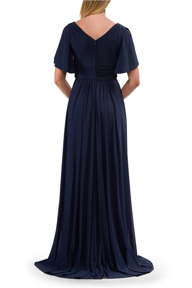 Flattering Net Jersey Long Dress with Ruffle Sleeve, Alternate, color, Navy