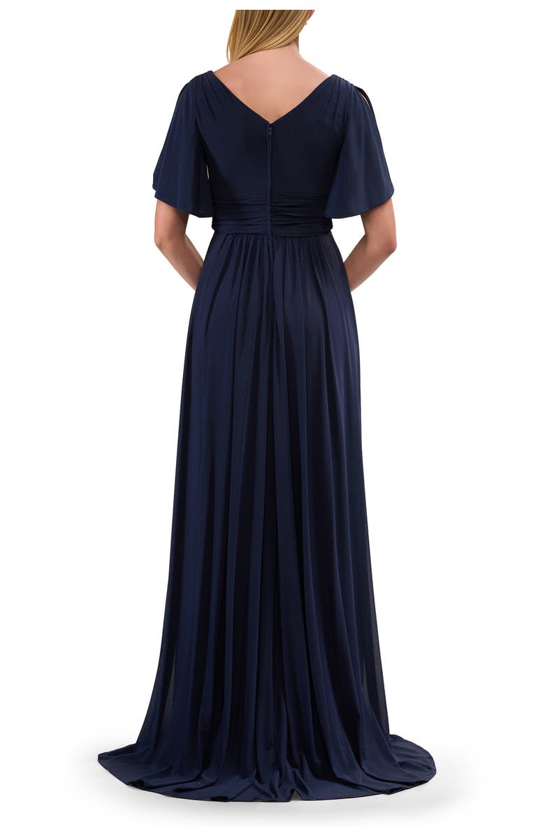 La Femme Flattering Net Jersey Long Dress with Ruffle Sleeve, Alternate, color, Navy