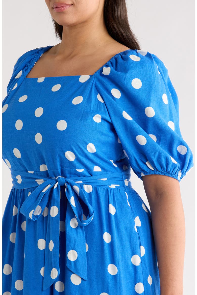Puff Sleeve Linen Blend Midi Dress, Alternate, color, BLUE PALACE- IVORY TULLA DOT