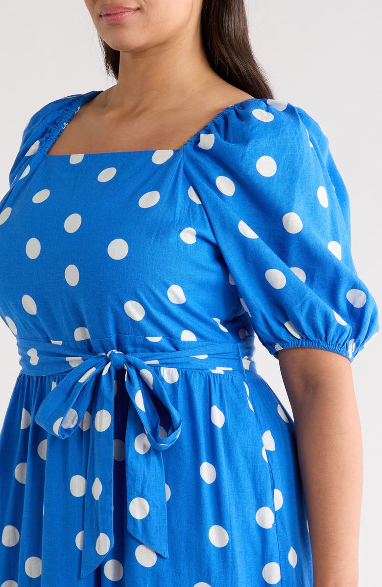 Caslon<sup>®</sup> Puff Sleeve Linen Blend Midi Dress, Alternate, color, Blue Palace- Ivory Tulla Dot