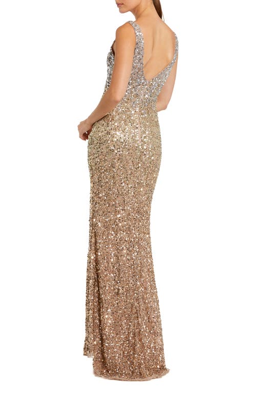 Mac Duggal Sequined Sleeveless V Neck Side Slit Gown In Shimmering Gold